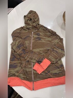 Camo Zip Hoodie with Coral Accents